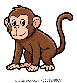 Um macaco de cartum amigável em uma pose sentada, sorrindo. Ilustração bonita do personagem do primata. Vetor isolado perfeito para temas de selva, zoológicos e material educacional infantil.