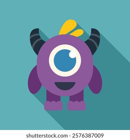 Friendly cartoon monster with one eye, two horns, big feet and purple body is standing on a turquoise background 