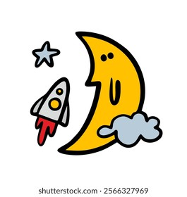 Friendly cartoon moon greets the guests. Children's vector illustration of a rocket flying among the stars in space. Clouds and nature, fun for astronomers. Isolated characters on white background.