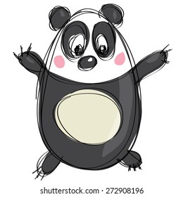 Friendly cartoon panda character in a naif kids drawings style with black simple outlines on white background