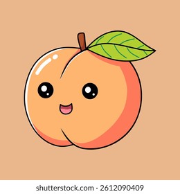 A friendly cartoon peach with a smiling face and a green leaf adds charm to any project Perfect for children's designs
