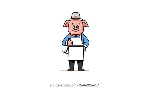 Friendly Cartoon Pig Chef Giving a Thumbs Up Wearing a Hat and Apron with a White Sign