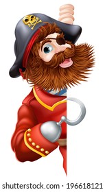 Friendly cartoon pirate sign illustration of a cartoon pirate character peeping round a sign