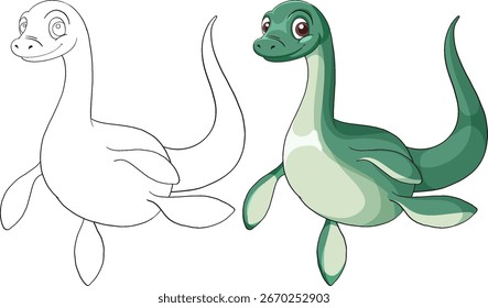Friendly cartoon plesiosaur vector in color and outline, with smooth shading and clean lines.