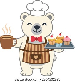 A friendly cartoon polar bear chef wearing a traditional white hat and apron