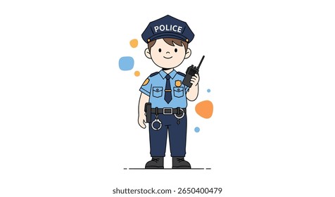 Ilustração amigável de policial de cartum comunicando-se com segurança com equipamento de rádio