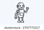 A friendly cartoon robot in a black and white line art style, standing and waving against a plain white background. A simple illustration of a humanoid machine.