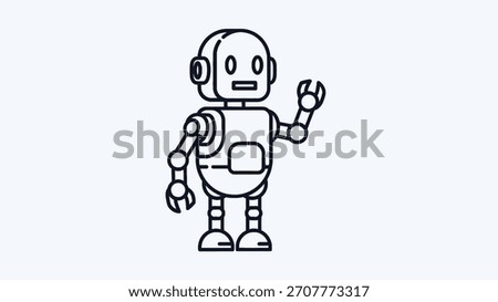 A friendly cartoon robot in a black and white line art style, standing and waving against a plain white background. A simple illustration of a humanoid machine.
