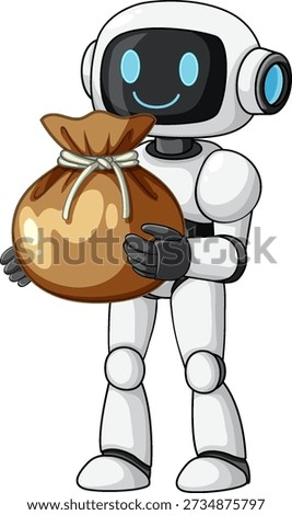Friendly cartoon robot holding a brown money bag, white background, clean vector art style