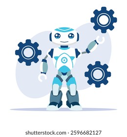 Friendly cartoon robot juggling blue gears symbolizes automation and technology integration Use it for website illustrations or educational materials about robotics
