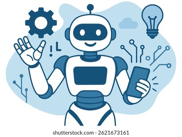 Friendly cartoon robot offering solutions holding a phone surrounded by symbols and tech elements
