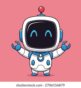 Un simpático robot de dibujos animados con un cuerpo blanco y azul, una cara de pantalla cuadrada que muestra un emoji sonriente y brazos extendidos. Tiene una antena roja.