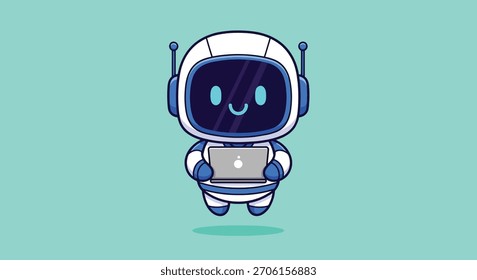 Un simpático robot de dibujos animados con un diseño blanco y azul, sosteniendo una computadora portátil plateada. El robot tiene una cara sonriente y antenas.