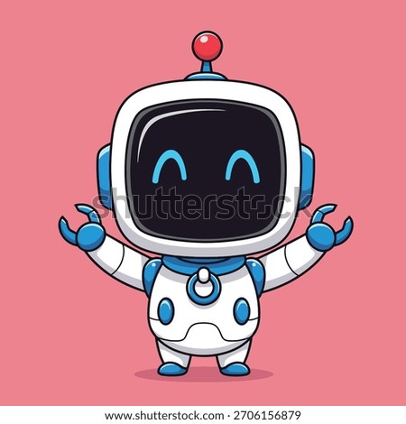 A friendly cartoon robot with a white and blue body, a square screen face displaying a smiling emoji, and arms outstretched. It has a red antenna.