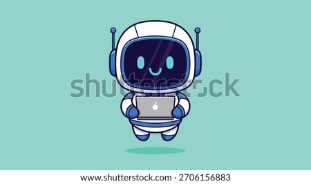 A friendly cartoon robot with a white and blue design, holding a silver laptop. The robot has a smiling face and antennas.