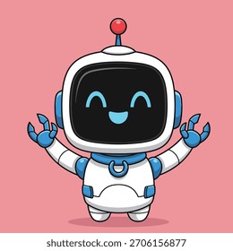 Un simpático robot de dibujos animados con un cuerpo blanco, acentos azules y una cara sonriente que se muestra en su pantalla. Tiene los brazos abiertos y una antena roja.