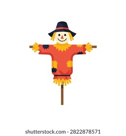 Friendly Cartoon Scarecrow with Smiling Face and Red Patched Shirt Isolated on White for Harvest Theme