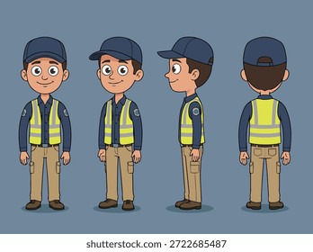 Um amigável protetor de segurança de desenhos animados mostrado de vários ângulos, usando um boné azul, colete de segurança amarelo e calças bronzeadas.
