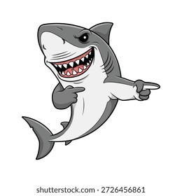 Friendly cartoon shark pointing with a big smile on its face