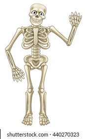 Friendly cartoon skeleton mascot or Halloween character waving his hand