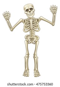 Friendly cartoon skeleton mascot or Halloween character waving both hand