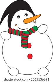A friendly cartoon snowman wearing a black hat and a red and green striped scarf, smiling and waving. The snowman is standing on a white background.