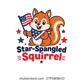 Friendly cartoon squirrel with a big smile, holding an American flag and wearing a patriotic star patterned bandana. Surrounded by red and blue stars.