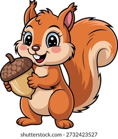 Personagem de esquilo de desenho animado amigável segurando uma bolota, adequado para educação infantil, livros de histórias, materiais de aprendizagem, cartazes e projetos digitais ou impressos focados em crianças.