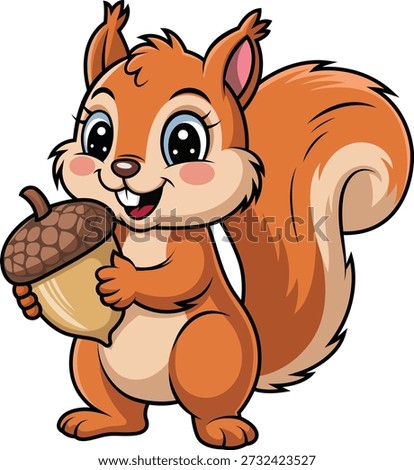 Friendly cartoon squirrel character holding an acorn, suitable for children’s education, storybooks, learning materials, posters, and kid-focused digital or print projects.