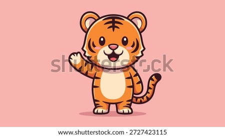 A friendly cartoon tiger character waving its paw, isolated on a pink background.