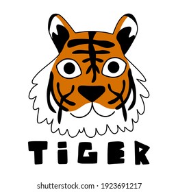 Friendly cartoon tiger stock vector illustration. Wild animal childish print for t-shirts, posters, cards and more. Funny tiger animal smiling head and black hand drawn word. Hand drawn stylized tiger