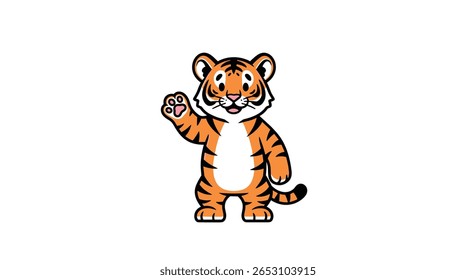 Friendly Cartoon Tiger Waving Hello Showing Its Paw in a Cute Friendly Manner