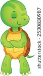 Friendly cartoon turtle standing with its arms crossed and a content expression, as if deep in thought or feeling pleased