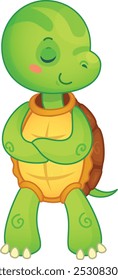 Friendly cartoon turtle standing with its arms crossed and a content expression, as if deep in thought or feeling pleased