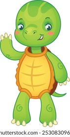 Friendly cartoon turtle waving with a smile, perfect for children books, educational materials, or any project that needs a touch of whimsy