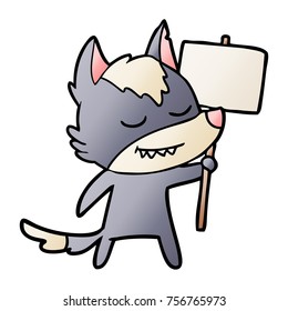 lobo de caricatura amistoso con signo en blanco