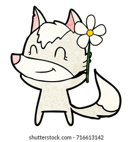 caricatura amistosa lobo con flor