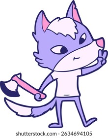 friendly cartoon wolf giving peace sign in bright neon colors