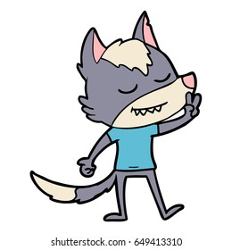 friendly cartoon wolf making peace sign