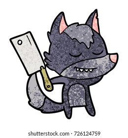 lobo de caricatura amistoso con cuchilla de carne