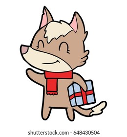friendly cartoon wolf with present