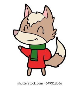 friendly cartoon wolf in winter clothes