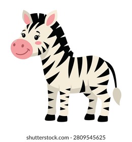 Friendly cartoon zebra with pink nose smiling, standing alone on white background