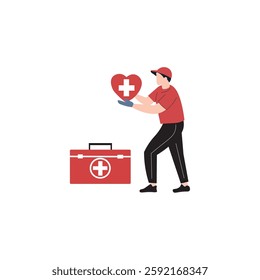 A friendly cartoon-style illustration depicts a person in red clothing, holding a red heart with a white plus symbol, standing next to a red first aid kit.