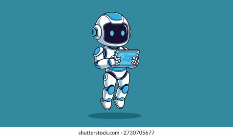 Un personaje robot amigable, de estilo de dibujos animados que sostiene una tableta, con un fondo azul.