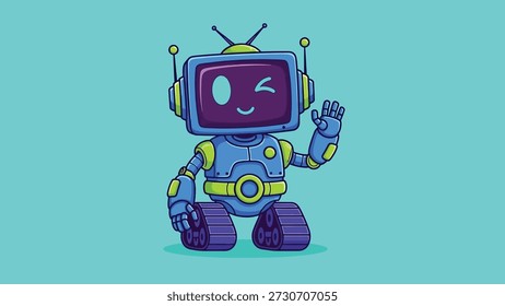 Un robot amigable, de estilo de dibujos animados con una pantalla de televisión para una cabeza, guiñando un ojo y saludando. El robot tiene un diseño vintage, retro.