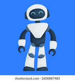 A friendly cartoon-style robot with a white and black body, smiling face, and flexible arms, standing against a bright blue background. Cute Futuristic Robot with Smiling Face