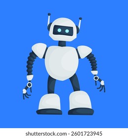 A friendly cartoon-style robot with a white and black body, smiling face, and flexible arms, standing against a bright blue background. Cute Futuristic Robot with Smiling Face