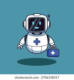 Un simpático robot de estilo de dibujos animados con un cuerpo blanco, una pantalla para una cara que muestra una sonrisa y sostiene un botiquín de primeros auxilios azul.