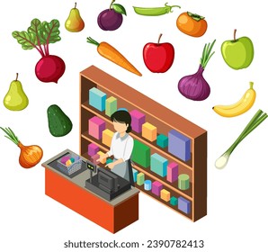 A friendly cashier woman working at a vibrant fruit and vegetable shop